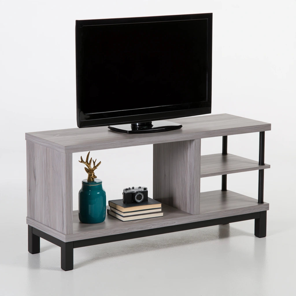 Tv-meubel van hout met eikenlook, met twee niveaus, kleur lichtgrijs en licht eiken